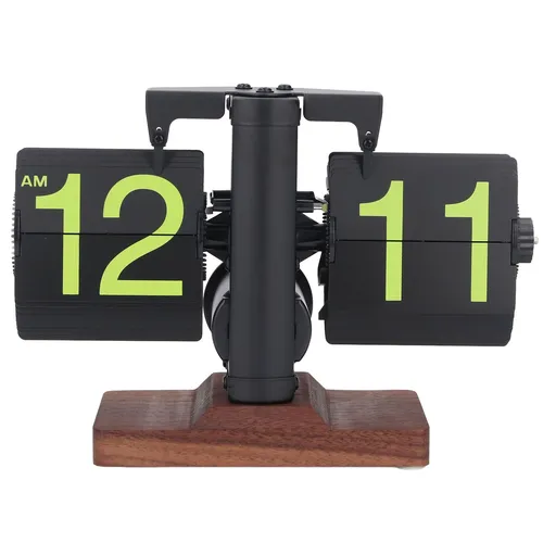 Digital Flip Desk Clock 12 Hours Single Sided Battery Powered Retro Mechanical Auto Flip Down Clock with Wood Base for Living Room Office Black Frame Pages Fluorescent Letters