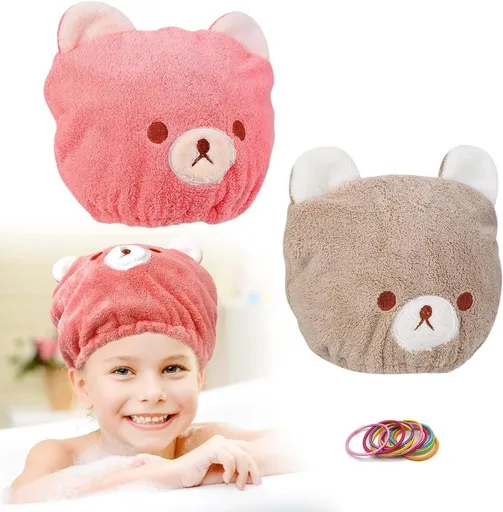 2-Pack Kids Microfiber Hair Towel Caps, Pink and Brown Cartoon Bear Quick-Dry Shower Wraps