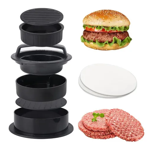 3 in 1 Hamburger Press Patty Maker Non-Stick Adjustable Size Durable ABS Plastic with 100 Pcs Patty Paper