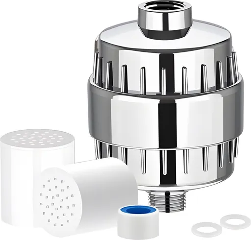 Universal Shower Filter With Extra Filter - 15 Stage Shower Filter - Anti-Limescale Water Filter - Tap Filter - Water Filter For Shower Head - Remove Impurities - For Better Skin And Hair - Silver