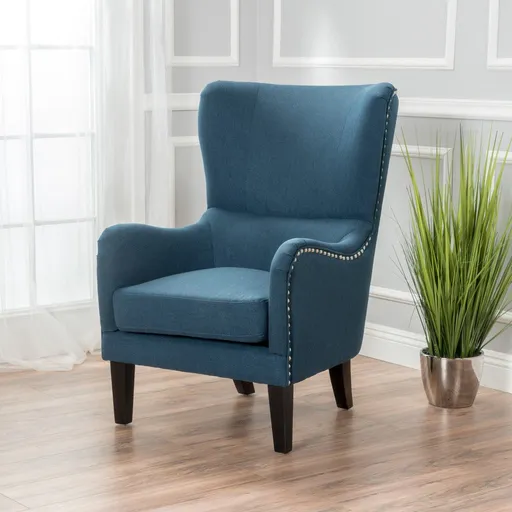 Vintage Dark Blue Fabric High Back Padded Armchair