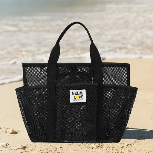Black Large Capacity Mesh Beach Tote Bag - Breathable Polyester Swim Bag with Multi-Pocket Storage, Quick-Dry Design for Travel, Gym, and Poolside Use