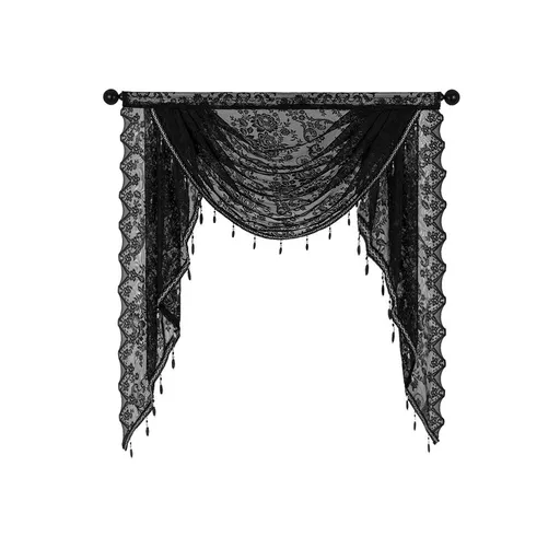 Lace Beaded Waterfall Valances for Windows Floral Vintage Sheer Kitchen Window Curtains Over Sink Curtain Valance for Living Room Bedroom Bathroom Cafe (Black,1m)