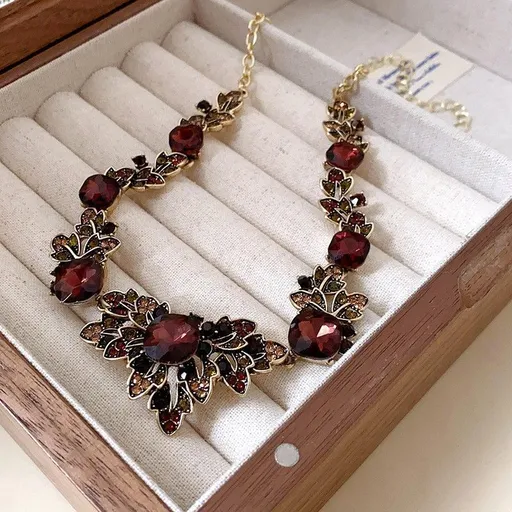 Gold Necklace with Red Stone | Christmas Scarlet Vintage Gift | Red Rhinestone Heart Pendant Necklace Bold Retro Jewelry