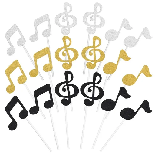 18Pcs Music Notes Cake Cupcake Toppers Glitter Musical Notation Paper Decor for Birthday Baby Shower Wedding Party Gold Silver Black