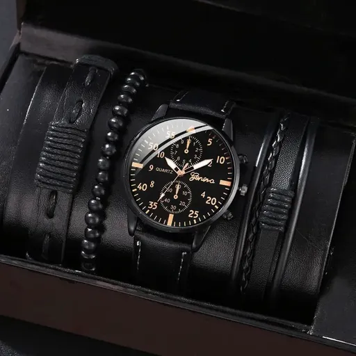 men's bracelet watch set, single calendar watch, fake three eye watch, canvas quartz watch, PU bracelet, men's fashion accessory, gift for men, Australian men's watch - Black - Size 8