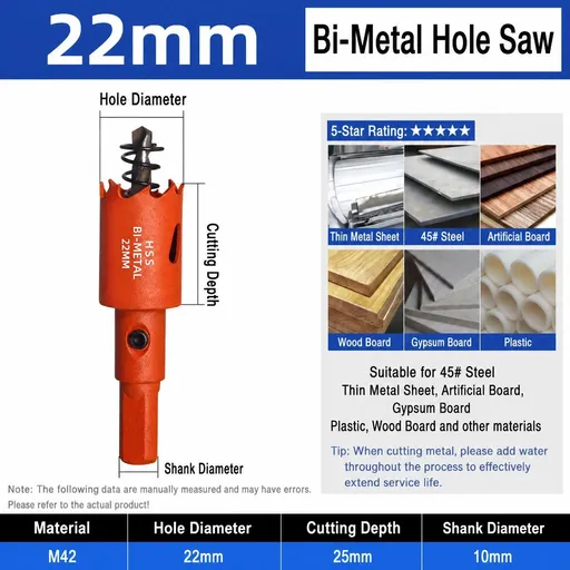 22mm Bi-Metal M42 High Speed Steel Hole Saw | with Pilot Drill Bit, Smooth Cutting Edge for PVC, Drywall, Wood, Plastic, Gypsum Board, Rubber, Thin Metal