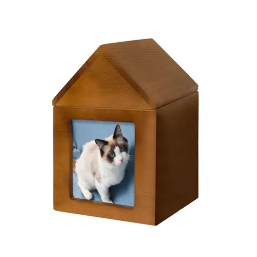 Pet Urn Nostalgia Passing Away Dog Cat Cabin Urn with Photo Frame Pet Coffin - Brown - Size Small house