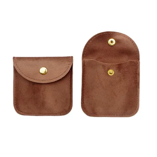 10pcs Velvet Jewelry Pouch Button Closure Thick Soft Ring Necklace Storage Bag - Brown
