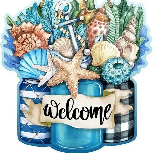 Front Door Sign, Beach Coastal Starfish Conch Coral Wood Door Hanger Outdoor Outside Porch Decor, Nautical Sword Wooden