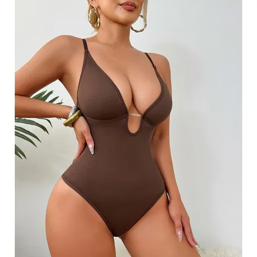 Fashion Style Pattern Neckline Fit Type Of Clothing Solid Color Deep V Fitted Bodysuit With Thong - Brown - Xxxl
