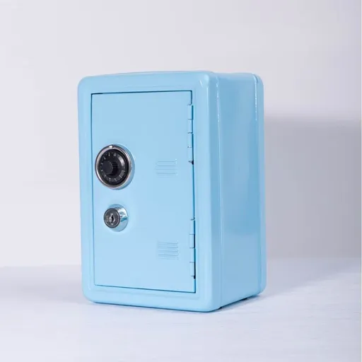 Metal Locked Cash Storage Box, Household Piggy Bank For Loose Change & Small Valuables, Sky Blue, Light Tone Indoor Money Organiser