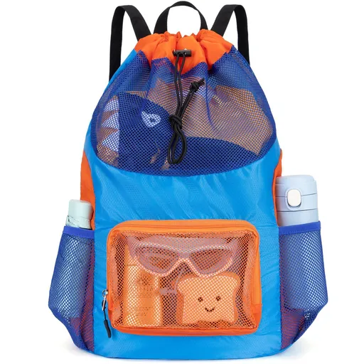 Drawstring Mesh Backpack Waterproof Sports Gym Bag Lightweight Beach Swim Travel Daypack for Outdoor Ball Games and Daily Casual Use (Blue)