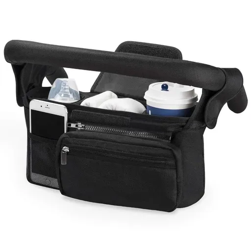Multifunctional Stroller Organizer Bag – Universal Hanging Storage Pouch with Insulated Bottle Holder, Detachable Pouch, and Adjustable Straps, Doubles as a Crossbody Diaper Bag for On-the-Go Convenience (Black)