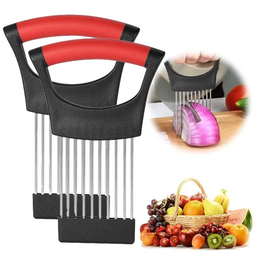 2 Pieces Onion Slicing Holders with Protective Covers, Stainless Steel Vegetable Chopper Guides for Onions, Tomatoes, 9.5 x 14.3 cm, Green