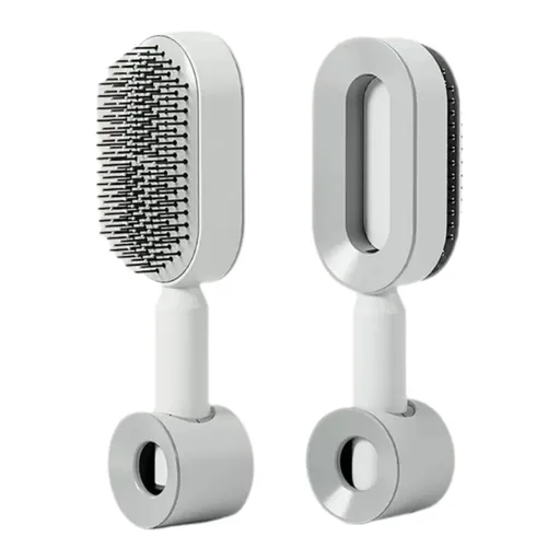 White 3D Airbag Massage Self Cleaning Hair Brush with Base - for Long Hair - One-Click Easy Hair Removal - Scalp Soothing Detangler for Professional Home Hair Care