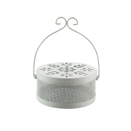 Fireproof Wrought Iron Mosquito Coil Holder with Cover for Indoor Outdoor Use - White