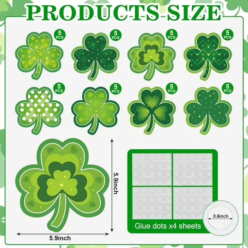 Shamrocks Clover Cutouts for Classroom Bulletin Board Decorations,Large St. Patrick's Day Shamrock Paper Cutouts for School Office Ireland Party Supplies (6 x 6 Inch,40 Pcs)