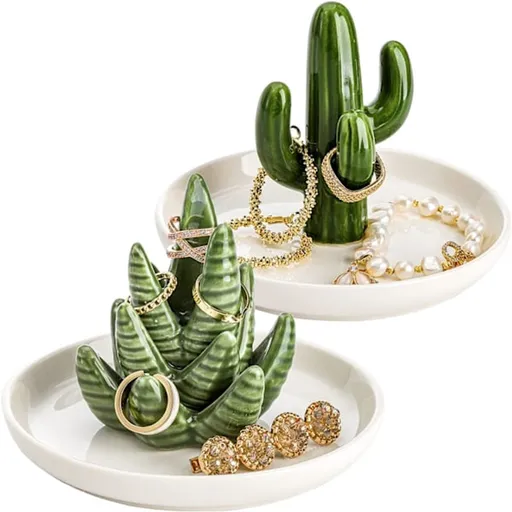 Two-Piece Jewelry Display Set - Aloe Vera and Cactus Ring Organizer Set - Ceramic - Jewelry Organizer - Bracelet, Earring, and Necklace Organizer with Leaf Decorations - Decorative Items