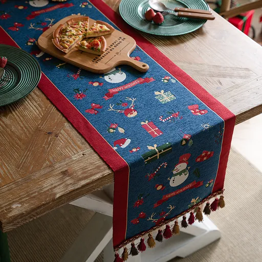 Blue Christmas Festive Table Runner - Blue with Snowman, Reindeer and Happy Holidays (35*220cm)