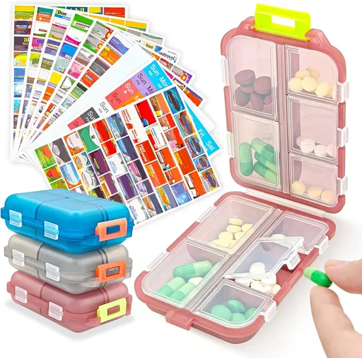 3Pcs Pill Organizer with Medicine Labels, 10 Compartments Travel Pill Box with Removable Labels, Portable Foldable Supplement Box Holder for Fish Oil Vitamin