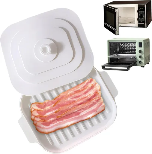 Microwave Bacon Cooker, 11x8.2inch Silicone Microwavable Bacon Grill with Lid & Handles, Bacon Tray for Microwave Cooking