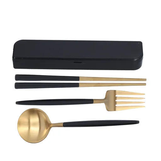3Pcs/Set Portable Travel Utensils Stainless Steel Spoon Fork Chopsticks Set for SchoolBlack Gold (Black Storage Box)