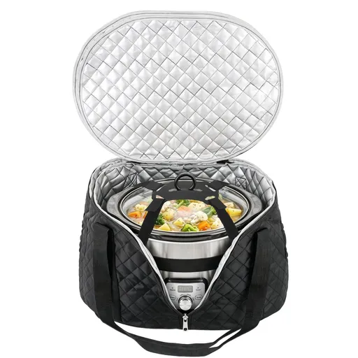 Slow Cooker Carrying Case, Quilted Insulated Slow Cooker Travel Tote, Black Portable Cookware Bag, Compatible with 6-8 Quart Crockpot Carriers, Ideal for Parties, Picnics, Camping