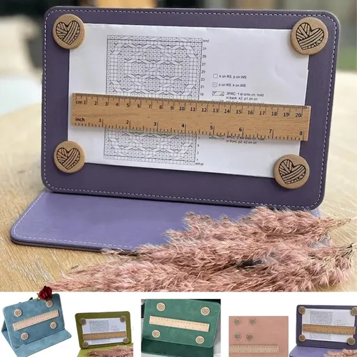 Magnetic Knitting Pattern Holder, Foldable PU Leather Chart Keeper with Magnetic Ruler, Purple