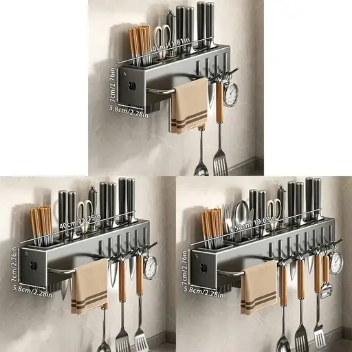 Multi-functional Wall-Mounted Kitchen Knife Holder & Organizer: Carbon Steel & ABS, Drill-Free, Segregated Storage for Knives, Chopsticks & Spoons, Water-Draining & Moisture-Proof for a Refreshed Countertop / (Gun Grey) 50CM Strip Knife Holder