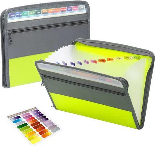 Project Folder - A4 - Foldable File Folder with Tabs - 13 Compartments - Storage Folder/Sorting Folder - Compartment Folder - Durable Plastic Document Folder - Writing Folder with Zipper - Conference Folder - Work Folder - Document Folder - Green - P