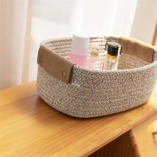 Cotton Woven Basket with PU Leather Handle, Clothes Toys Candy Gifts Cotton Rope Organizer, Living Room Basket, Coffee, 28 x 22 x 11 cm