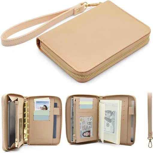 A7 Binder Cash Envelope System Wallet – Budget Binder with Cash Envelopes, Zipper Planner Notebook, 6-Ring Binder, Saving Challenge Planner, Cash Stuffing Wallet with PU Leather Cover (Skin Color)