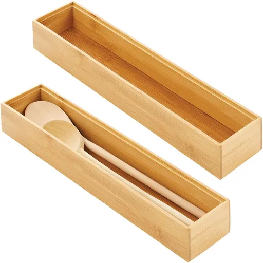 Slim Wooden Bamboo Drawer Organizer - 15" Long Stackable Storage Box Tray for Kitchen Drawers/Cabinet - Utensil, Silverware, Spatula, Flatware Holder - Echo Collection, 2 Pack, Natural Wood