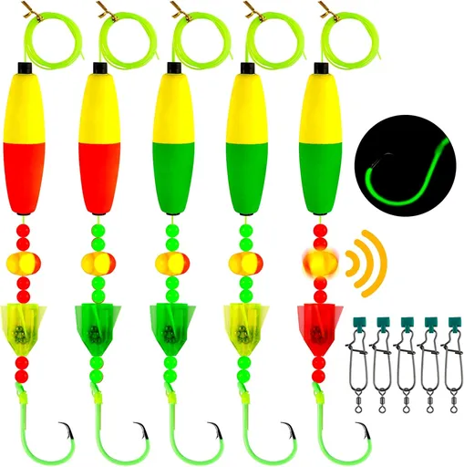 5-Pack Catfish Bait Float Rigs Kit, Ready Cat Fish Rig with Rattles Peg Floats Beads Circle Hooks 6/0 8/0 10/0, Catfishing Tackle Equipment Rattle Floater Bobbers Fishing Gear Hook - 30LB Line