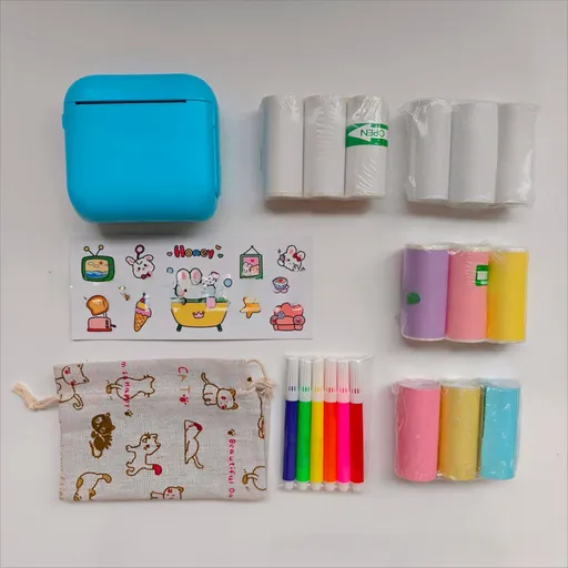 Blue X6 Mini Portable Bluetooth Instant Photo & Note Printer for Students - Deluxe 20-Piece Gift Set with 12 Paper Rolls, Color Pens & Storage Bag