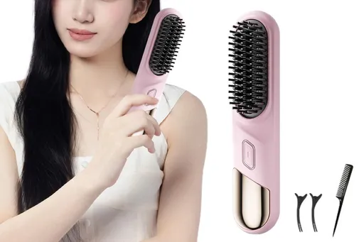 Portable Cordless Heated Straightening Brush for Travel Cordless Hair Straightener Brush Comb Straightener for Women -Pink