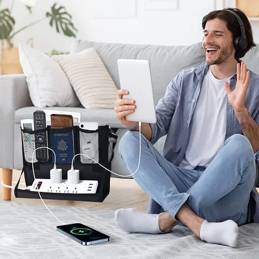 Bedside Caddy, Hanging Bedside Organizer with Power Strip Holder, Bedside Storage Organizer with 6 Pockets,(Black)