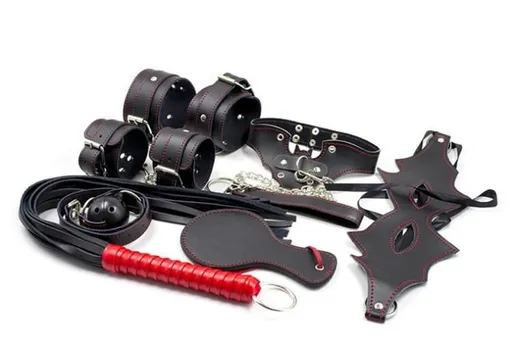 House Of Dasein Bdsm Bondage Beginners Starter Kit Fetish Pack Mask Collar Cuffs Gag Restraints - Red