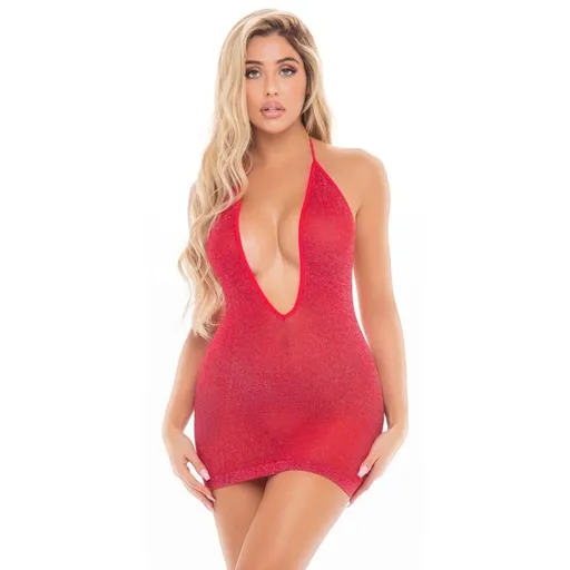 Pink Lipstick Love Bite Plunge Halter Dress Black - Red