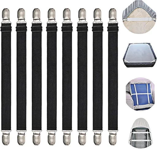 Adjustable Bed Sheet Clips, Sheet Fasteners Holder Straps and Suspender, Gripper, Extend From 8" to 23" Long Style Elastic Fasteners Bands Heavy Duty Suit for Mattress, Sofa, Couch, Recliner and More (black, Short type 8 pcs -2 set)