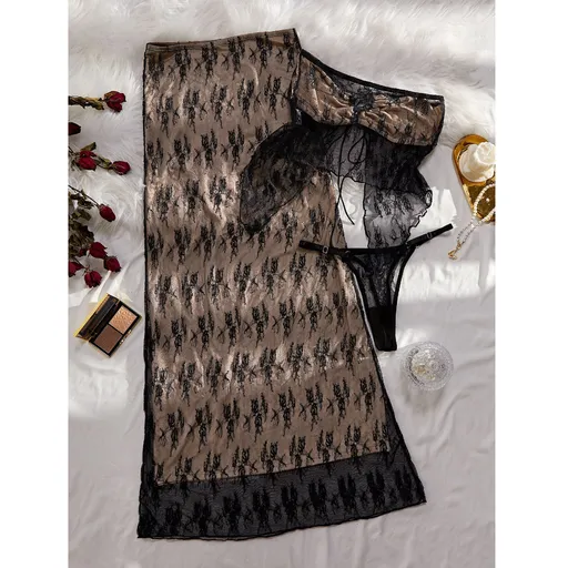 House Of Dasein Lace Embroidery Sexy Tie Strapless Floor Length Long Skirt Three Piece Set For Women - Black - S