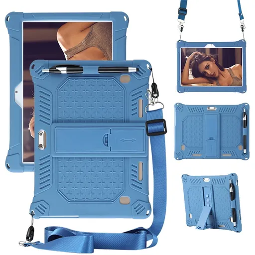 Universal Silicone Tablet Case for 10/10.1 inch Android Tablets, Shockproof Cover with Stylus Holder and Shoulder Strap, Blue