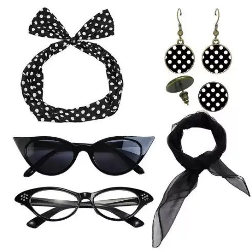 Black 6 Piece Vintage Polka Dot Party Kit Accessories Set - 1950s Retro Costume with Cat Eye Sunglasses, Headband, Earrings, Studs and Neck Scarf for Cosplay and Themed Events