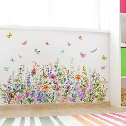Colorful Floral Wall Decals Wildflowers Flower Wall Stickers Butterfly Green Plant Wall Mural Peel and Stick Flowers Wall Decor