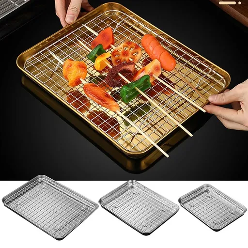 Baking trays & trays ,1 Set Stainless Stel Bakeware Rectangular Tray Food Storage Tray App Etizer Plates Flat Bottom Baking Pan Cool Ing Rack Baking Dish Drying Rack Kitchen Su