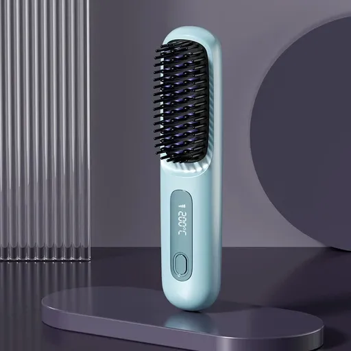 Blue Wireless Hair Straightening Brush - Compact and Rechargeable Styling Tool
