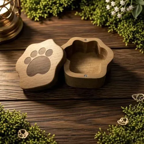 Wooden Pet Cremation Box for Cats and Dogs Paw Shape Paw Print Lid Design, Magnetic Closure, Memorial Keepsake, Natural Wood Finish, Fits Cats & Dogs