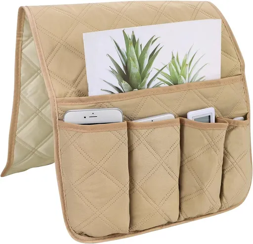 5 Pockets Sofa Armrest Organizer, Couch Armchair Caddy Storage Holder for Remote Control Magazine Phone Tablet, Beige