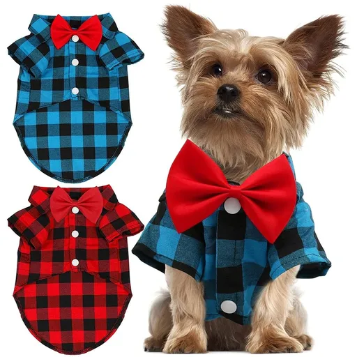 Plaid Dog Shirt - Cute Boy Dog Clothes and Bow Tie Combo Dog Outfit for Small Medium Large Dogs Cats Birthday Party and Holiday Photos